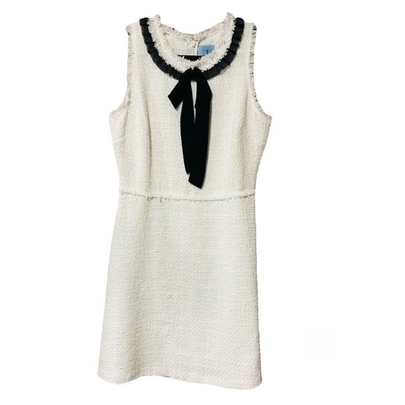 CeCe White Size 8 Tweed Dress with Contrast Bow Frayed Trim, Sleeveless - Picture 2 of 3